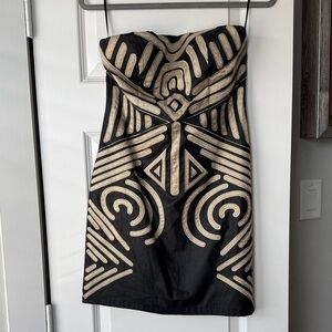 Black Strapless Dress with Gold Metallic Geometric Appliqué